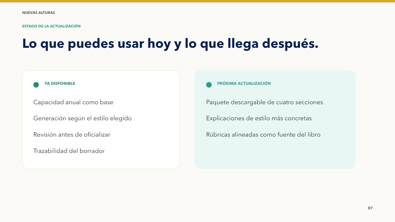La presentación separa lo que Aula ya hace de lo previsto al publicar la nota.