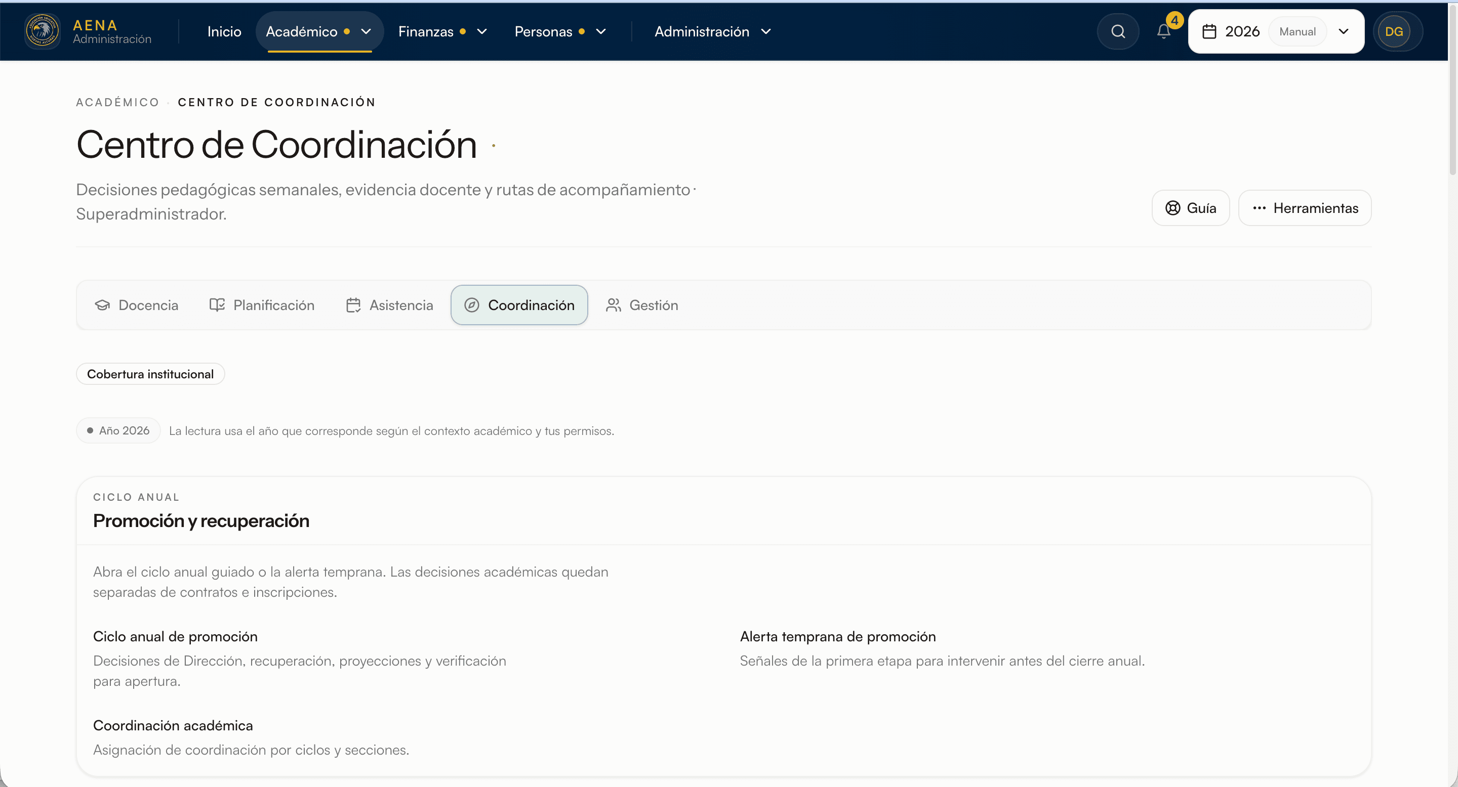 Centro de Coordinación de AENA Admin: ciclo anual de promoción, alerta temprana y coordinación académica