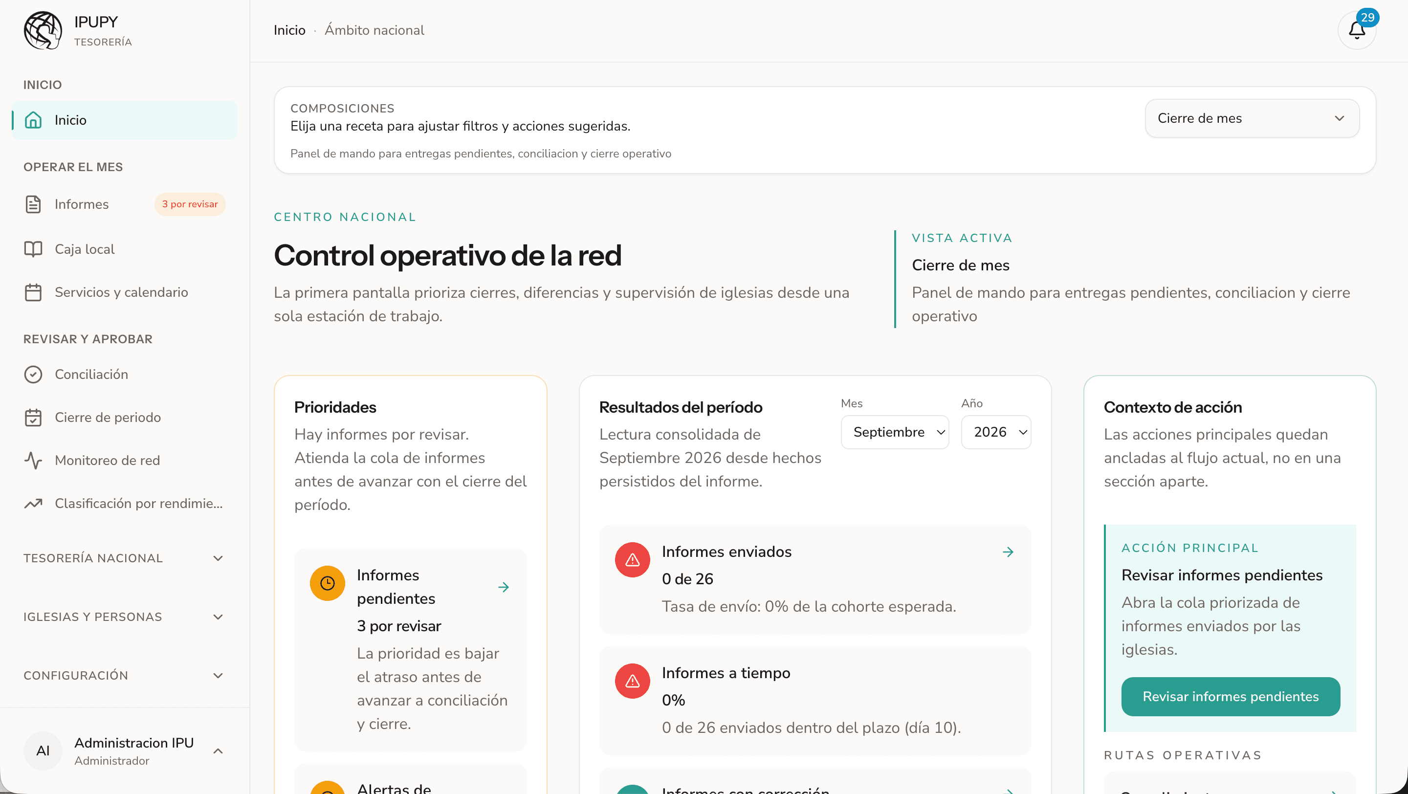 Control operativo de la red en la tesorería de IPU Paraguay: informes pendientes, resultados del período y cierre de mes